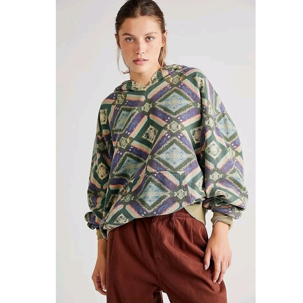 We The Free Free People Its A Vibe Printed Hoodie Geometric Diamond Print Hoodie